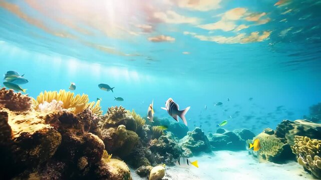 太陽の光が差し込む沖縄の海とサンゴ礁の熱帯魚