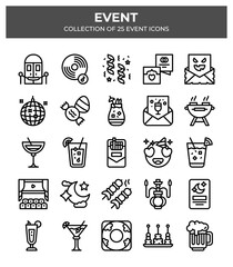 Collection of 25 Event Icons. Party. Celebration. and Holiday Vector Line Icons