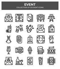 Collection of 25 Event Icons. Party. Celebration. and Event Planning Vector Line Icons