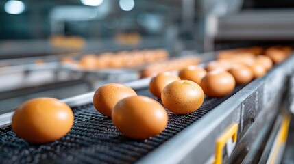 A flurry of fresh eggs travels down a conveyor belt in a poultry farm, showcasing the vibrant activity of the facility. Workers oversee the process, ensuring quality control and efficiency