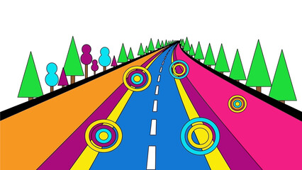 A colorful cartoon road with trees and circles on a white background