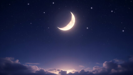Dreamy indigo night sky with glowing crescent moon and stars for Ramadan copy space