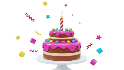 Two-tier birthday cake with pink icing and colorful decorations