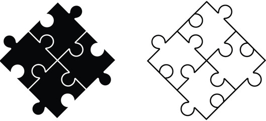 creative puzzle logo design featuring black and white pieces with unique shapes and interlocking pattern, a premium ranked visual identity concept representing problem solving, connection, strategy,