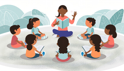 A cute flat illustration of children learning together while a teacher reads a book in a circle. Soft textures and pastel colors.