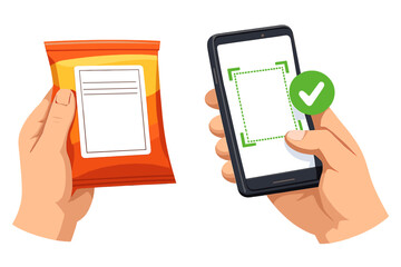 Hands holding snack bag and smartphone scanning QR code