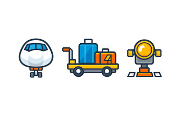 Naklejka premium Airport icons featuring airplane, luggage cart, and spotlight