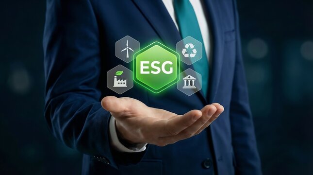 Corporate executive presenting ESG sustainability initiatives via a virtual interface, analyzing environmental impact and governance protocols, commitment to green energy and ethical business developm - Powered by Adobe