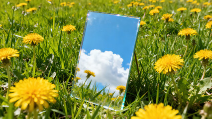 Creative Nature: Mirror Reflecting Blue Sky in Dandelion Cluster