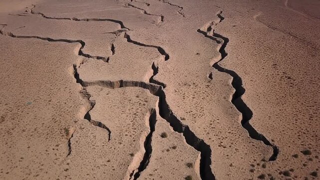Dry cracked earth surface viewed from above, revealing deep fissures and parched terrain