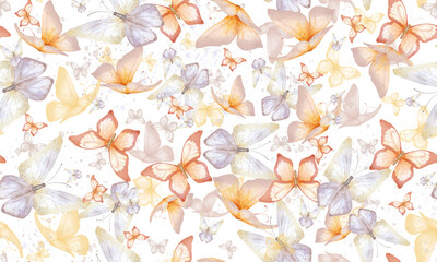 Cute butterflies in pink and purple shades on a seamless pattern. Watercolor illustration. A fluttering insect with wings, isolated on a white background.