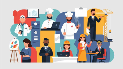 Diverse group of professionals in various occupations illustration.