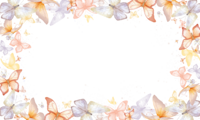 Fluttering butterflies of delicate shades, square frame. Flying butterflies and moths isolated on background. Watercolor illustration.. Lilac, pink and beige butterflies with paint splashes.