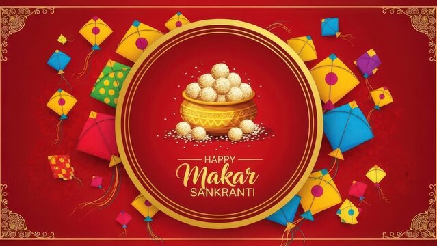 Happy makar sankranti celebration with kites and sweets