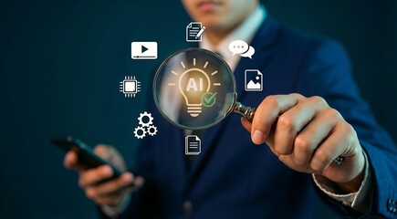 Tech researcher exploring artificial intelligence solutions with a magnifying glass over a digital bulb icon, discovering innovative algorithms, leveraging AI for smart business automation.