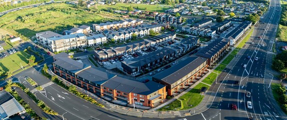 Fototapeta premium Aerial view of modern housing development in Manukau, Auckland, New Zealand. Cars travel on the adjacent highway. The photo showcases urban planning and residential architecture.