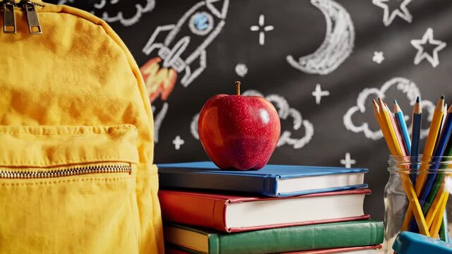 Yellow backpack with books, apple, and pencils on a desk in front of a chalkboard 4k video