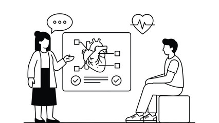 A woman explaining heart health to a man in a colorful medical setting