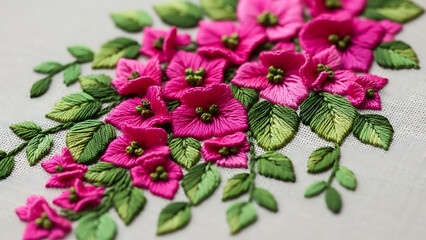 Detailed hand embroidery featuring vibrant pink flowers and green leaves, a beautiful, delicate textile art.