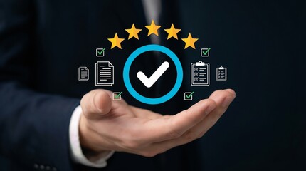Quality assurance manager presenting a holographic 5-star rating and checkmark interface to evaluate customer satisfaction, guarantee service excellence, and maintain high standards of business reputa