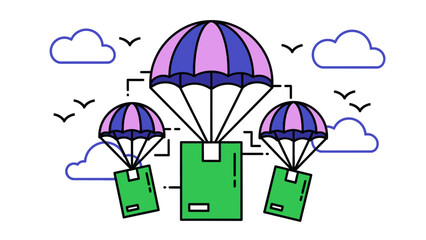 A colorful cartoon illustration of packages parachuting down from the sky.