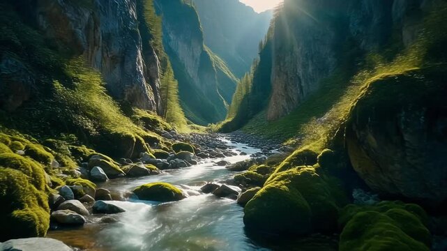 Serene mountain stream flowing through lush green valley surrounded by rocky cliffs and mossy boulders