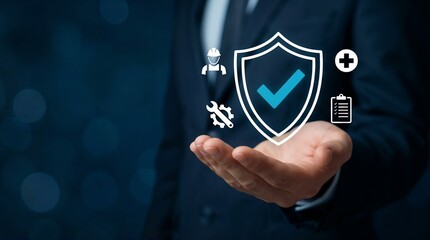 Safety and risk management expert presenting comprehensive insurance coverage and workplace safety protocols to protect employee welfare, minimize occupational hazards, and ensure equipment maintenanc