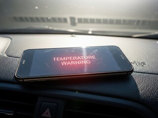 Smartphone displaying a critical temperature warning on a car dashboard under direct sunlight
