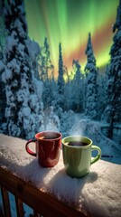 Two steaming mugs, one rustic red and one gentle green, offer warmth and comfort on a snow-covered wooden railing against a breathtaking winter backdrop. The serene forest, blanketed in fresh powder, 