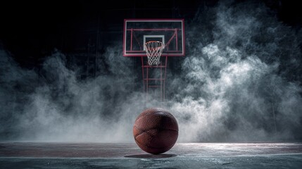 A solitary basketball rests on a textured, dark court, dramatically illuminated and surrounded by ethereal mist or smoke that creates a powerful, moody atmosphere. In the background, a basketball hoop