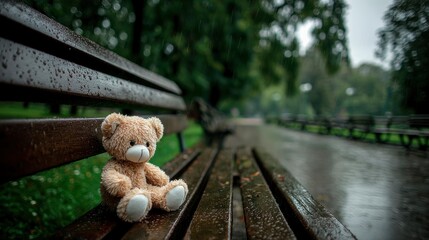 A small, light brown teddy bear sits quietly on a dark, wet wooden park bench, its fur slightly damp from the gentle rain. Numerous glistening raindrops cling to the textured surface of the bench, cre