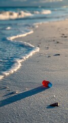 A vibrant red plastic bottle with a distinctive blue cap lies discarded on a textured sandy beach, illuminated by the warm, golden glow of a sunrise or sunset. Gentle ocean waves, softly blurred, rece