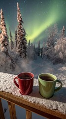 A tranquil winter night unfolds with two steaming mugs, one red and one green, resting on a snow-dusted wooden railing. The serene forest, covered in fresh powder, stretches into the background, benea
