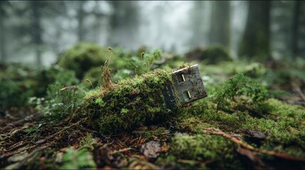 A weathered electronic memory device, partially encased in vibrant green moss and delicate plant growth, lies forgotten amidst the damp, lush undergrowth of a forest floor. This compelling image contr
