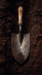 A weathered hand trowel rests embedded in dark, rich soil, its rustic metal blade and wooden handle showing signs of authentic use, covered with fine earth particles. This overhead view captures the e