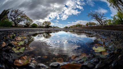 A wide-angle, low-perspective shot captures a vibrant puddle on an asphalt street, showcasing concentric ripples spreading across its surface. The puddle beautifully reflects a dynamic sky with both f