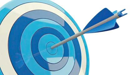 Arrow hitting bullseye on blue and white target