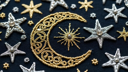 Exquisite gold and silver celestial embroidery featuring a crescent moon and sparkling stars on dark fabric