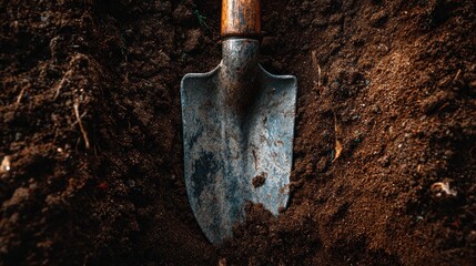 An overhead close-up shot of a rustic metal gardening trowel with a weathered wooden handle, firmly positioned in rich, dark brown soil. The earthy texture of the ground is vividly prominent, suggesti