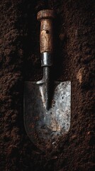 An overhead close-up view captures a rustic, well-used garden hand trowel resting horizontally within dark, rich, textured soil. The metallic blade of the small shovel is stained with earth, while its