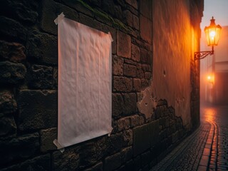 A blank poster on an old brick wall in a mysterious, foggy cobblestone alley at night