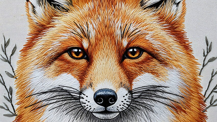 Detailed hand-embroidered fox portrait with vibrant orange fur, expressive golden eyes and artistic flair.