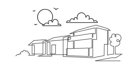Continuous single line art drawing of a charming village skyline with houses. A charming minimalist line art illustration of a small village nestled among rolling hills.