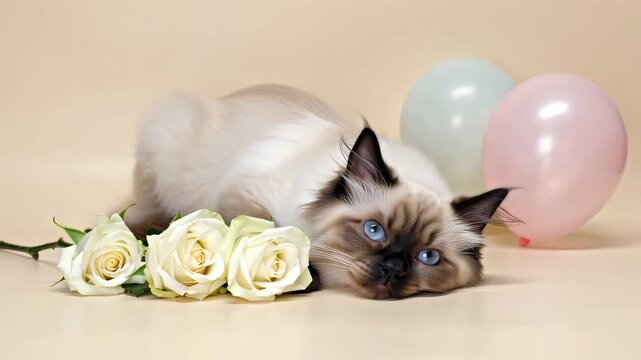Fluffy cat lying beside white roses and pastel balloons on a beige background. Soft, cozy Valentine's Day