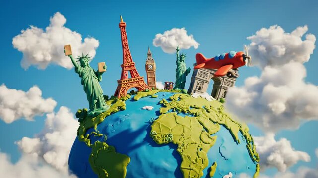 3d illustration of famous landmarks around the world with airplane on globe 4k video