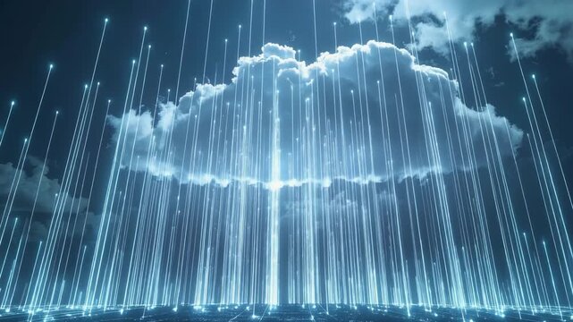 Cloud data technology digital network future glowing data stream over futuristic cyber cityscape with neon light pillars