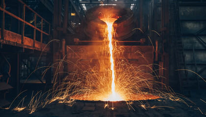 An illustrated heavy-industry scene of molten metal being poured inside a steel factory with glowing light effects.