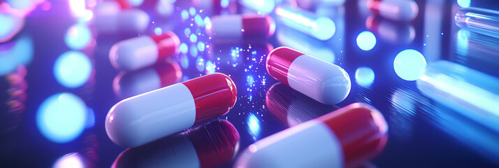 Pharmaceutical research background with white and blue soft lighting, molecules, and futuristic texture