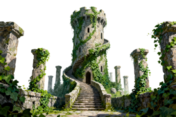 Ancient Tower Overgrown with Ivy in Ruins