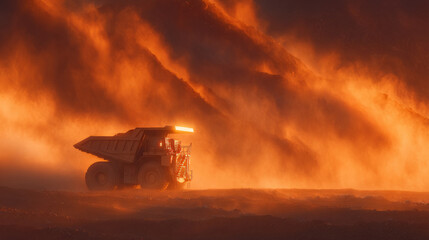 Fototapeta premium Gigantic mining dump truck driving through rugged terrain at sunset, surrounded by swirling dust clouds